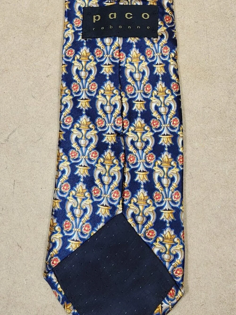 Paco Rabanne VTG Men’s Necktie Navy Blue Gold Floral Baroque Silk Print Italy